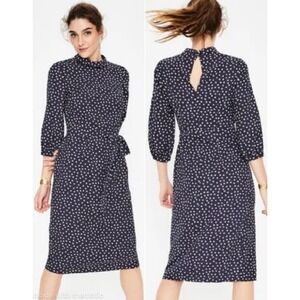 Boden Size 16 Lottie Midi Tie Waist Crepe Dress Navy Polka Dot Career Retro
